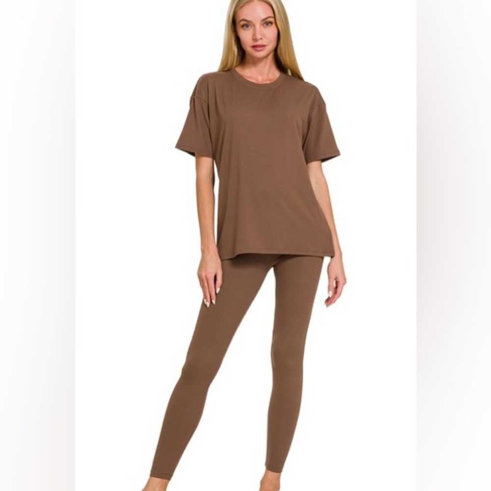 Brown Basic Microfiber Short Sleeve Loungewear Set